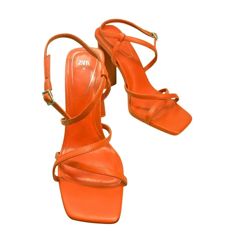 Zara Orange Strappy‎ Square Toe Sandal Heels